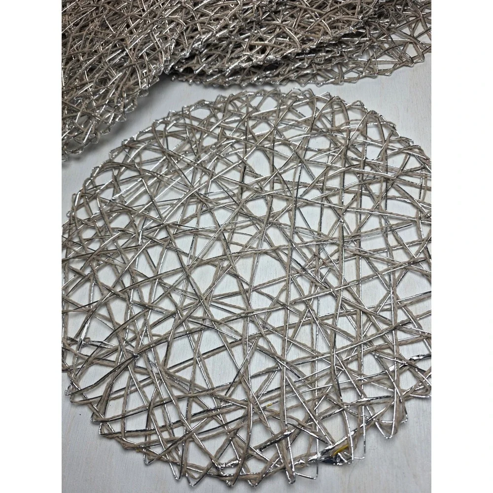 Silver Woven Round Placemats Set Metallic Bird Nest Boho Minimalist Decor 15